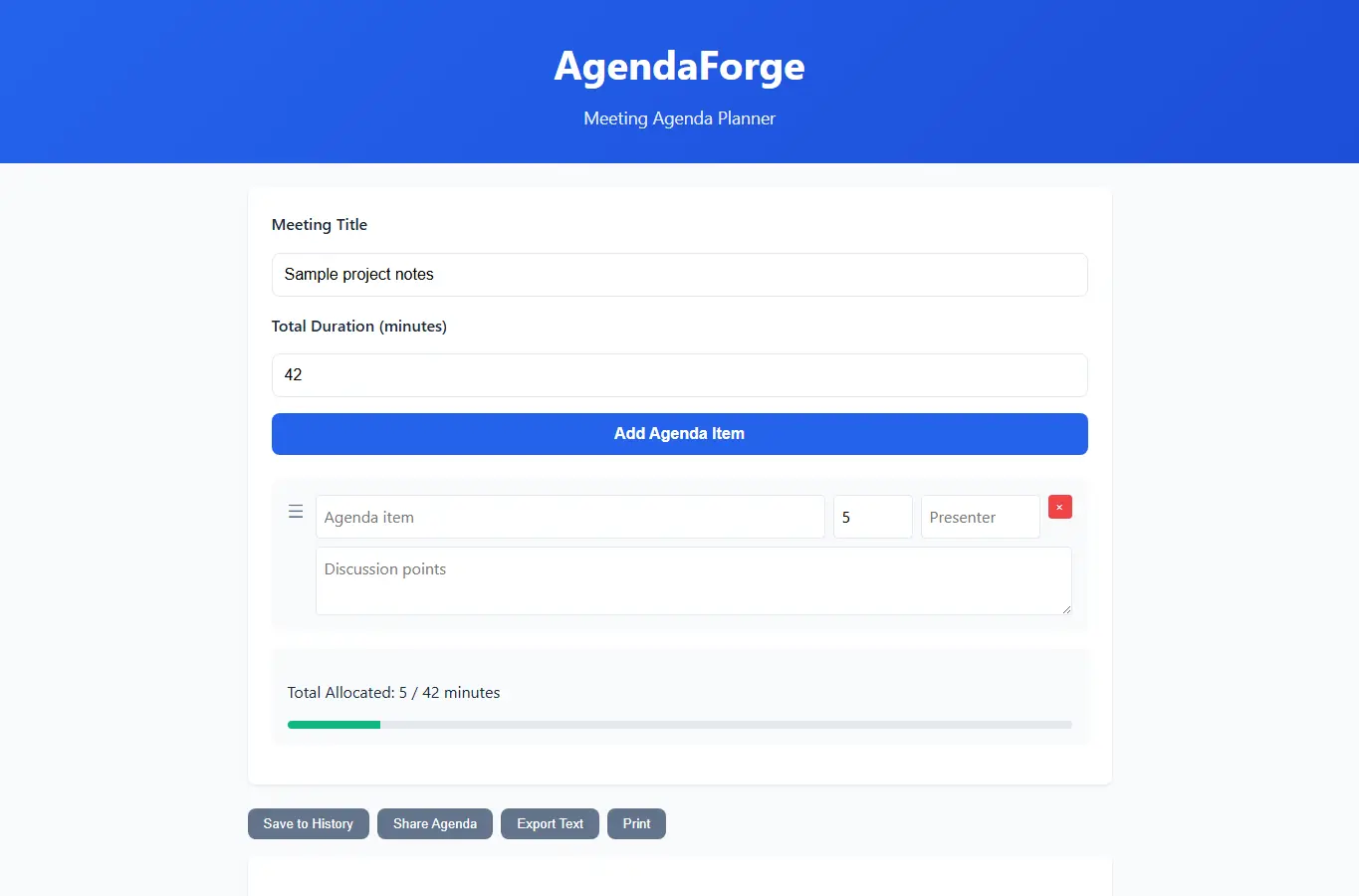 Screenshot of AgendaForge: Meeting Agenda Planner interface showing the project page in use